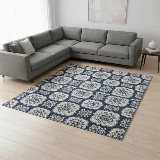 Navy Blue And Ivory Medallion Washable Area Rug With UV Protection Photo 2