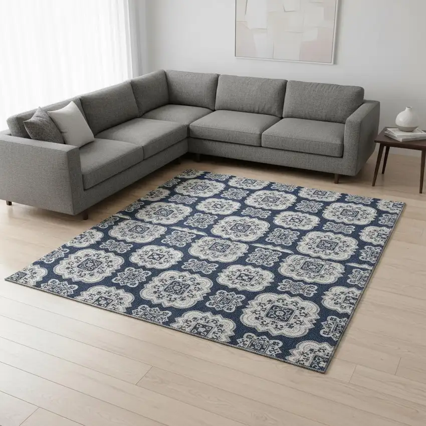 Navy Blue And Ivory Medallion Washable Area Rug With UV Protection Photo 2