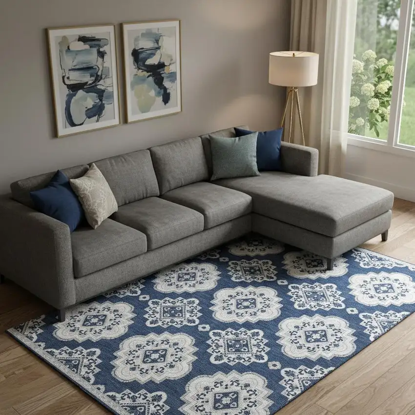 Navy Blue And Ivory Medallion Washable Area Rug With UV Protection Photo 1