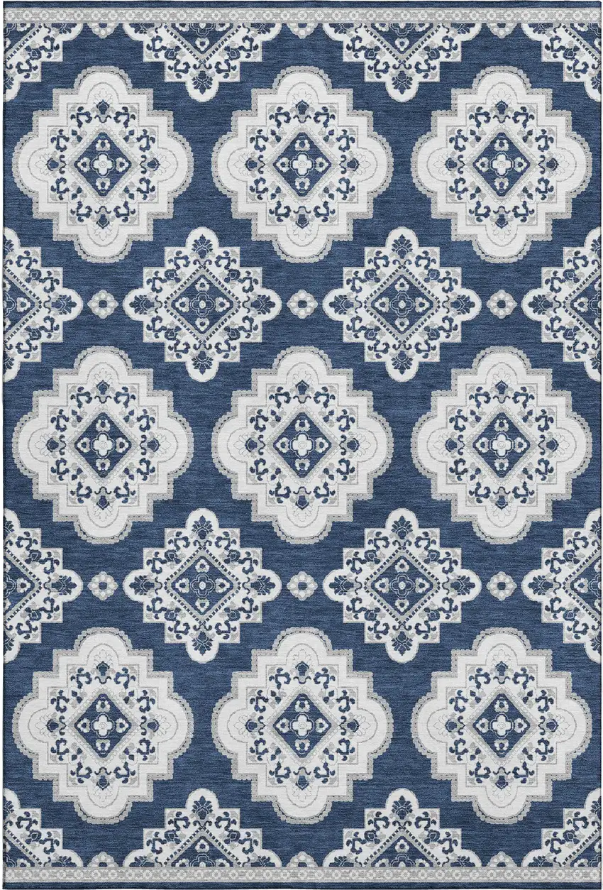 Navy Blue And Ivory Medallion Washable Area Rug With UV Protection Photo 7