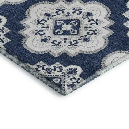 Navy Blue And Ivory Medallion Washable Area Rug With UV Protection Photo 4
