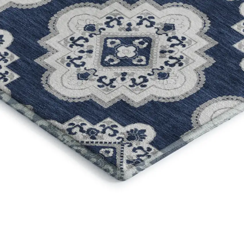 Navy Blue And Ivory Medallion Washable Area Rug With UV Protection Photo 4