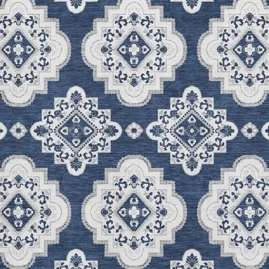 Navy Blue And Ivory Medallion Washable Area Rug With UV Protection Photo 3