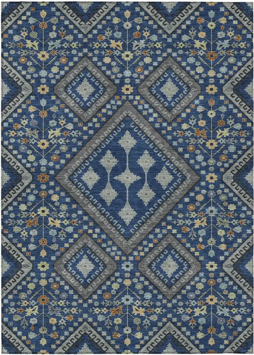 Navy Blue And Ivory Medallion Washable Indoor Outdoor Area Rug Photo 1