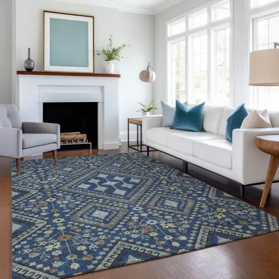 Navy Blue And Ivory Medallion Washable Indoor Outdoor Area Rug Photo 6
