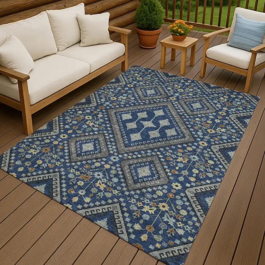 Navy Blue And Ivory Medallion Washable Indoor Outdoor Area Rug Photo 4