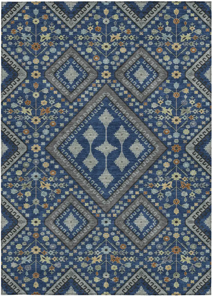 Navy Blue And Ivory Medallion Washable Indoor Outdoor Area Rug Photo 3