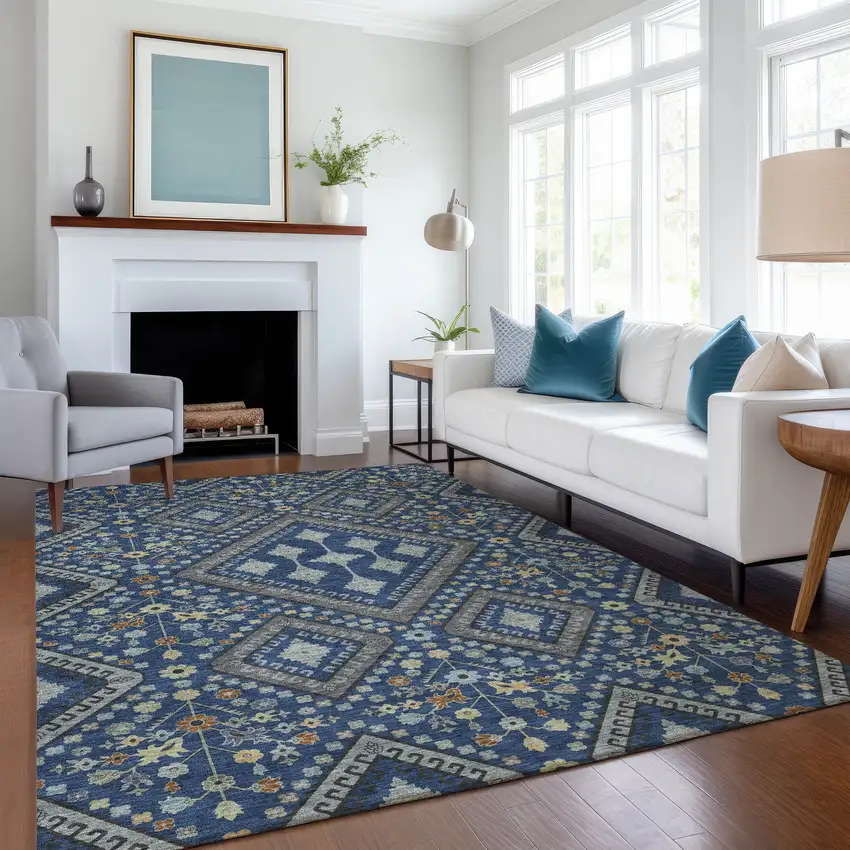 Navy Blue And Ivory Medallion Washable Indoor Outdoor Area Rug Photo 6