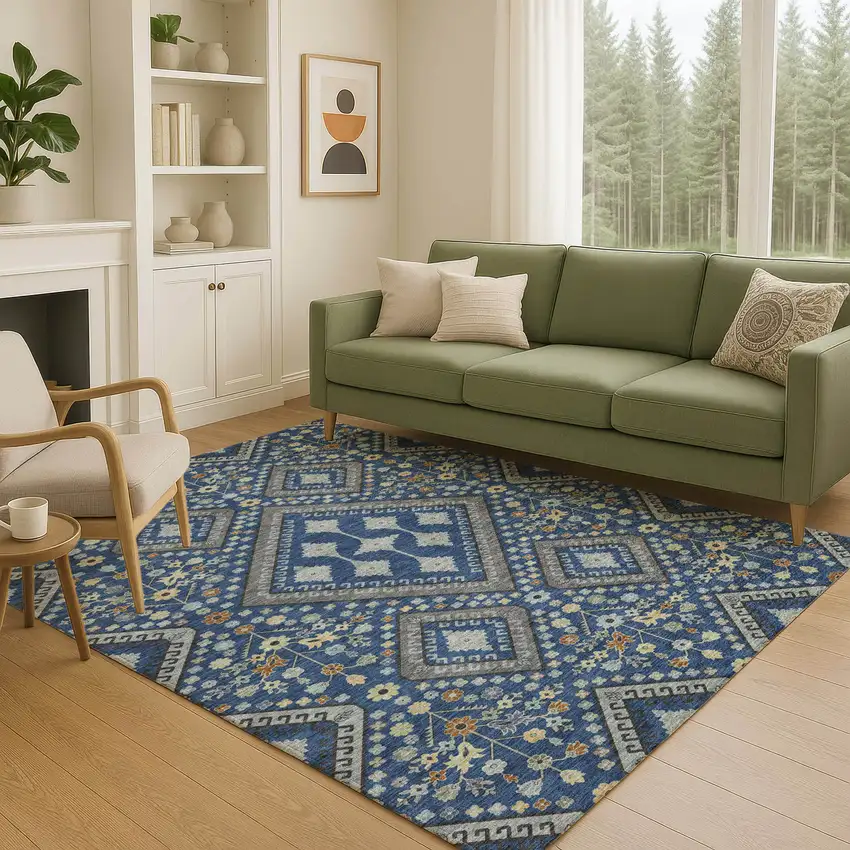 Navy Blue And Ivory Medallion Washable Indoor Outdoor Area Rug Photo 5
