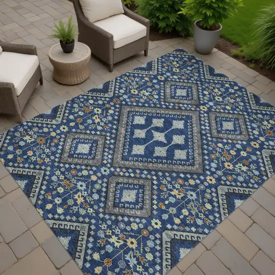 Navy Blue And Ivory Medallion Washable Indoor Outdoor Area Rug Photo 7