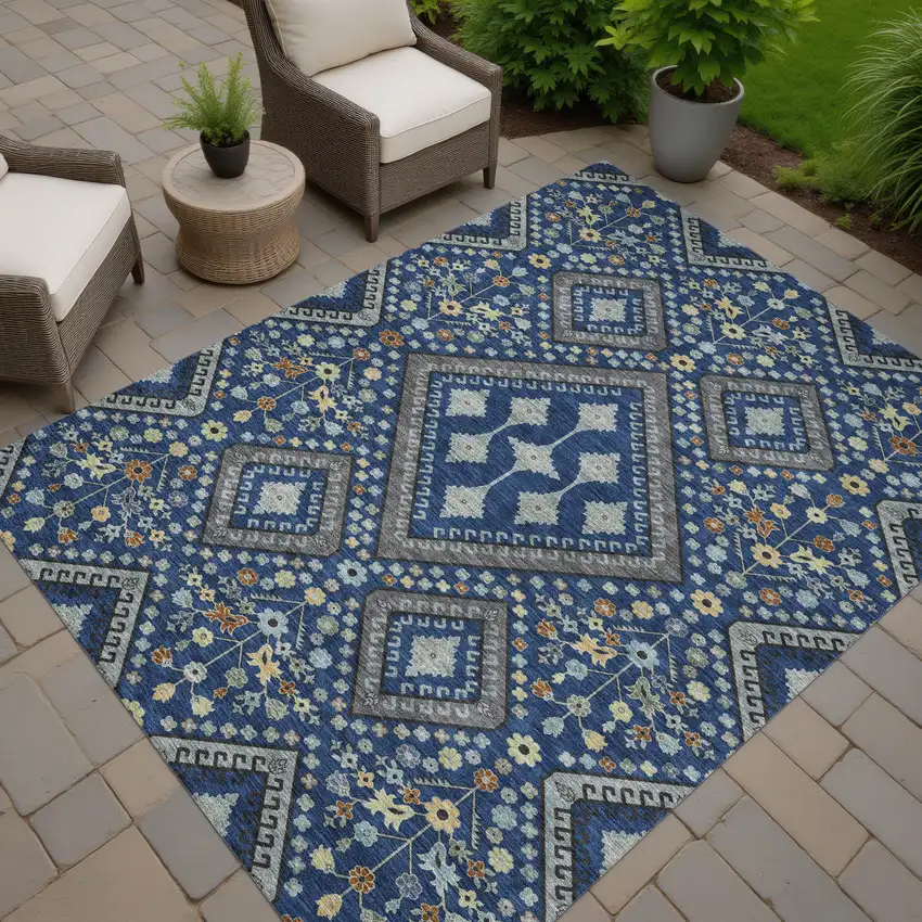 Navy Blue And Ivory Medallion Washable Indoor Outdoor Area Rug Photo 7