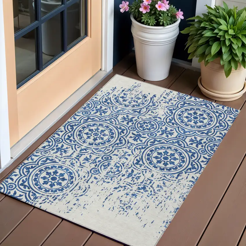 Navy Blue And Ivory Medallion Washable Indoor Outdoor Area Rug Photo 1