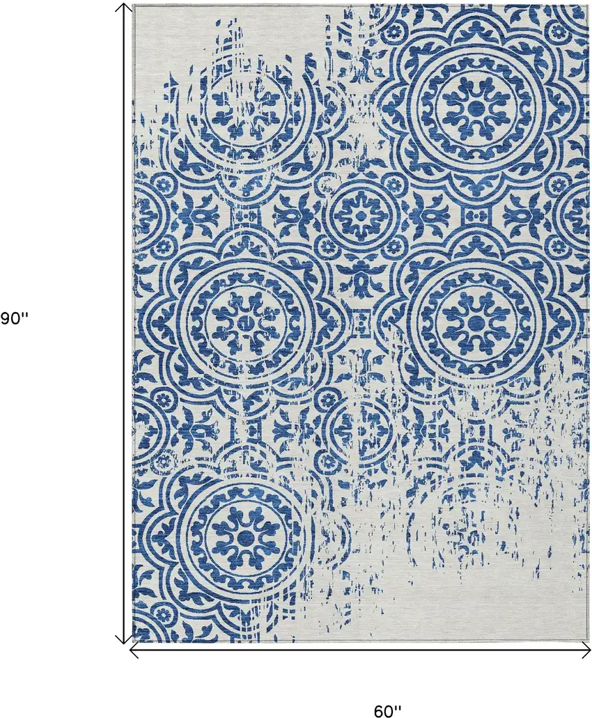 Navy Blue And Ivory Medallion Washable Indoor Outdoor Area Rug Photo 3