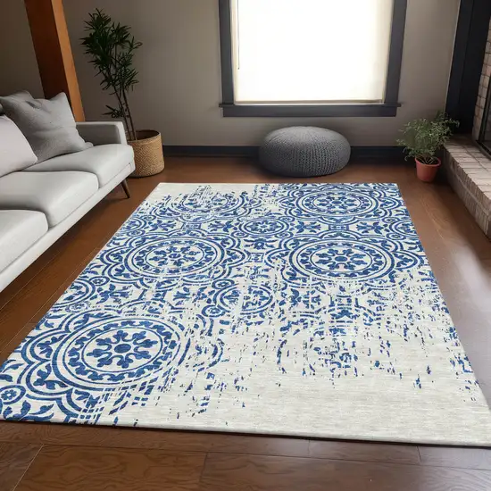 Navy Blue And Ivory Medallion Washable Indoor Outdoor Area Rug Photo 7
