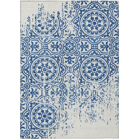 Navy Blue And Ivory Medallion Washable Indoor Outdoor Area Rug Photo 1