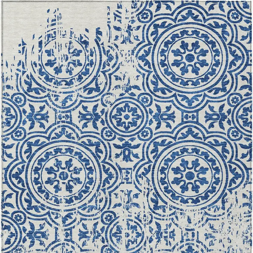 Navy Blue And Ivory Medallion Washable Indoor Outdoor Area Rug Photo 5