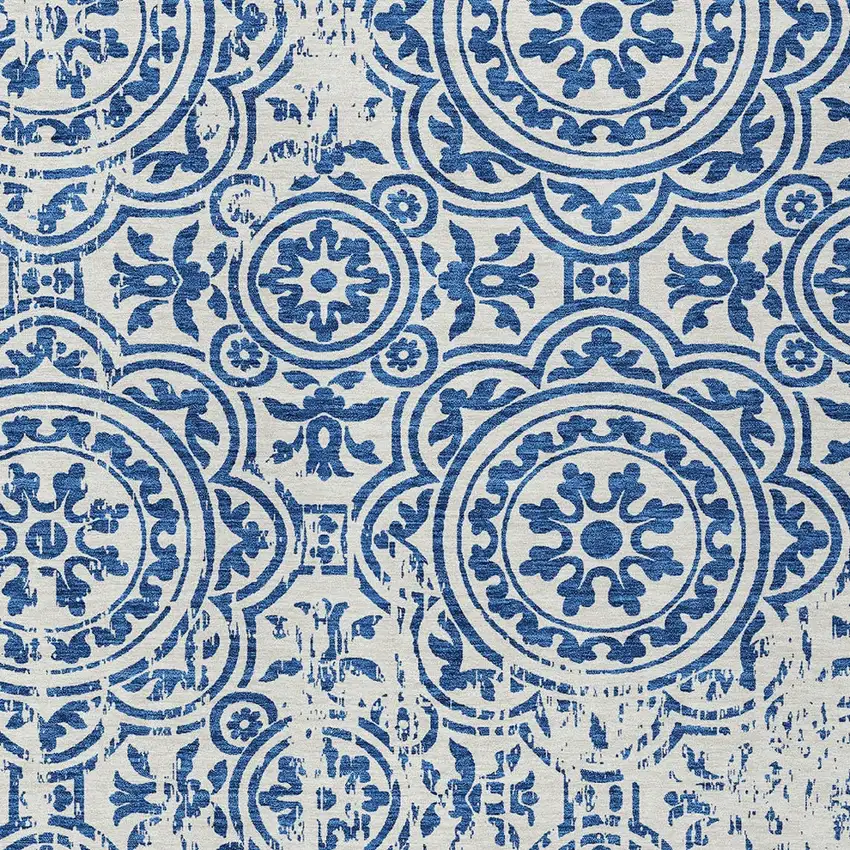 Navy Blue And Ivory Medallion Washable Indoor Outdoor Area Rug Photo 4