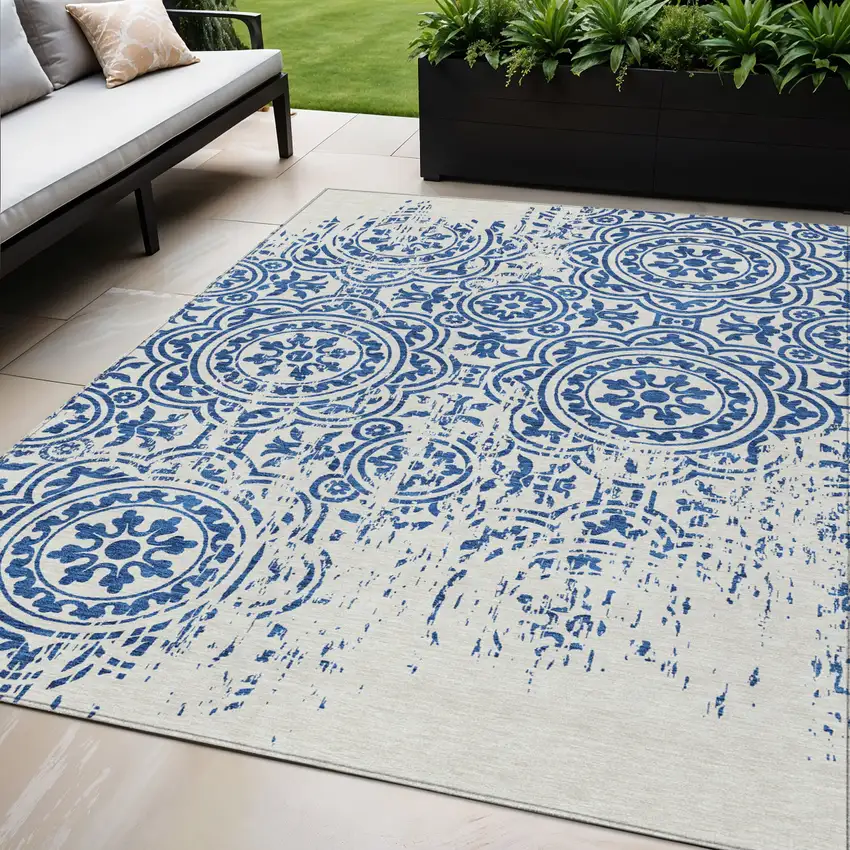Navy Blue And Ivory Medallion Washable Indoor Outdoor Area Rug Photo 1