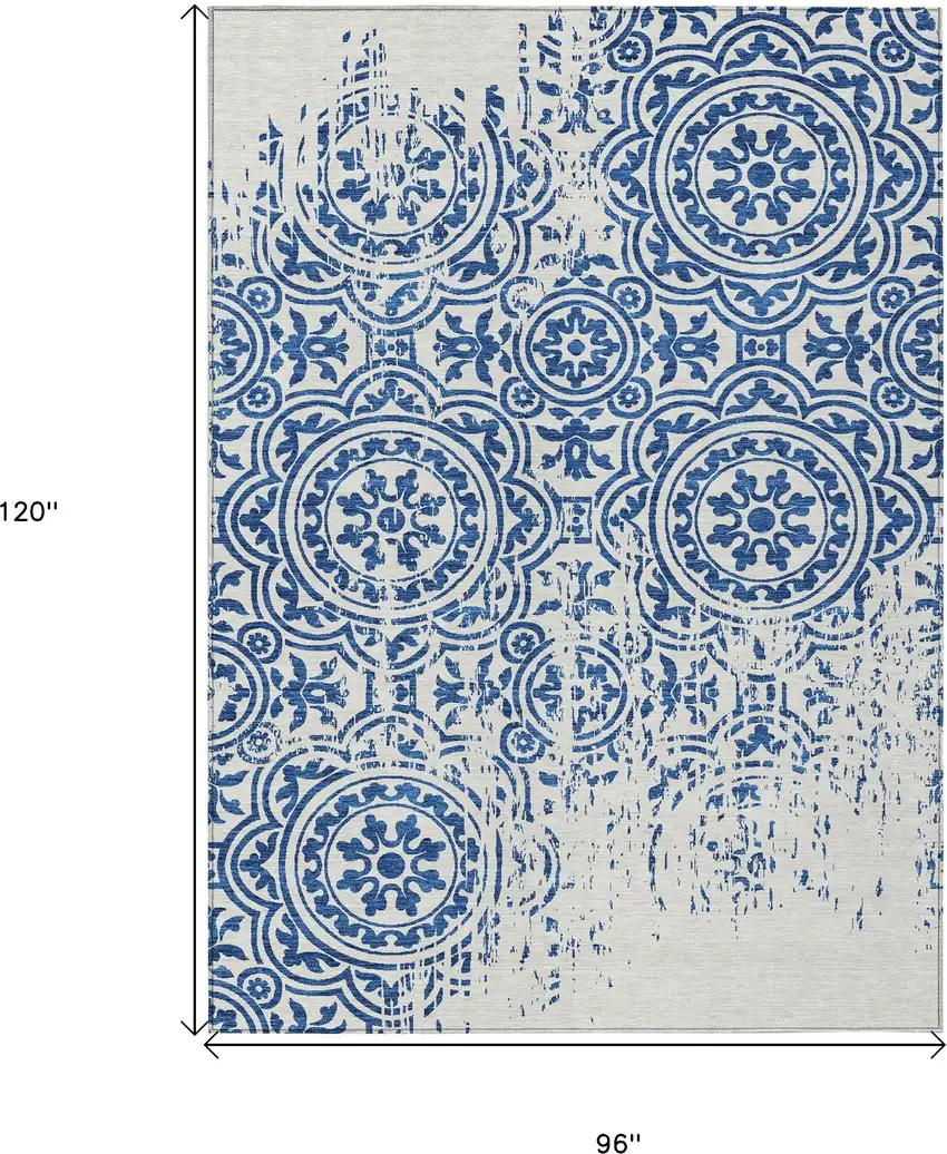 Navy Blue And Ivory Medallion Washable Indoor Outdoor Area Rug Photo 3