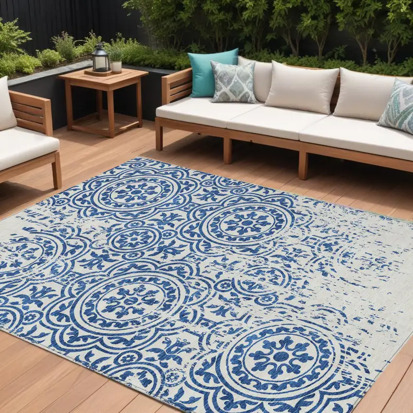 Navy Blue And Ivory Medallion Washable Indoor Outdoor Area Rug Photo 1