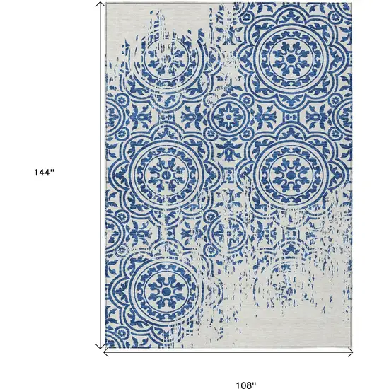 Navy Blue And Ivory Medallion Washable Indoor Outdoor Area Rug Photo 3