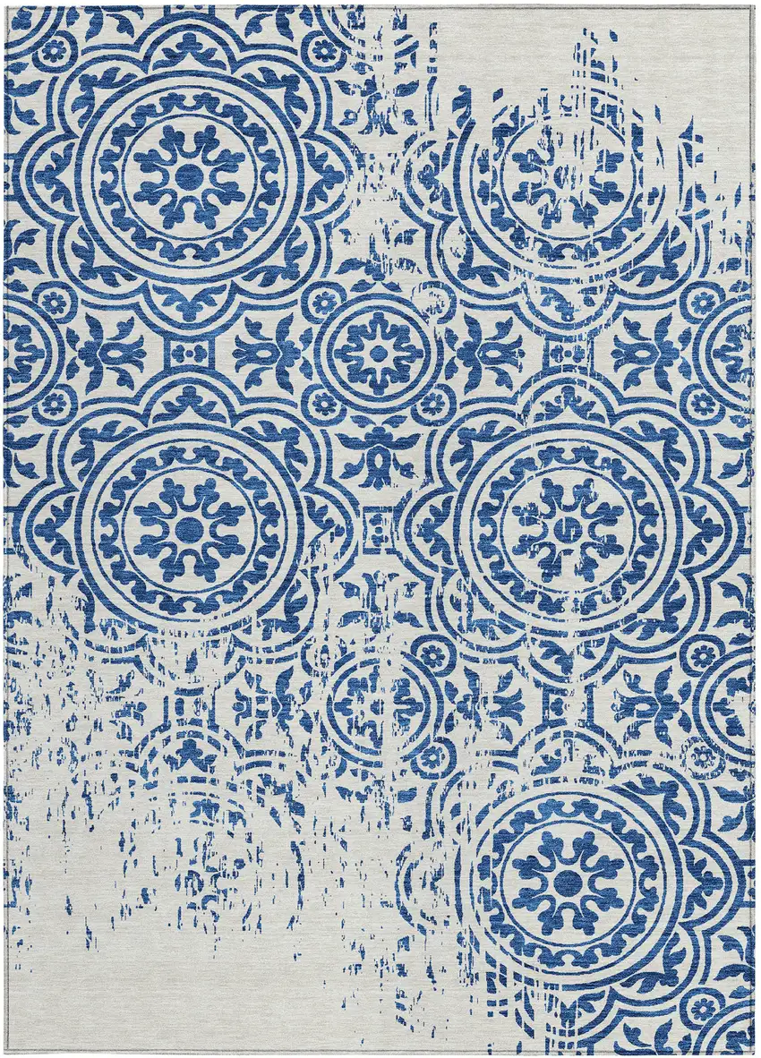 Navy Blue And Ivory Medallion Washable Indoor Outdoor Area Rug Photo 7
