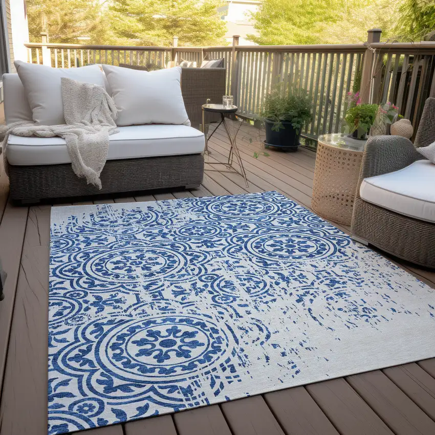 Navy Blue And Ivory Medallion Washable Indoor Outdoor Area Rug Photo 9