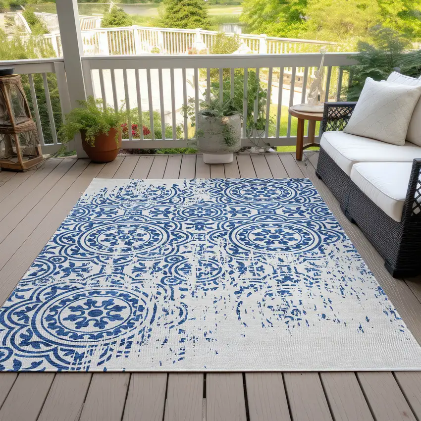 Navy Blue And Ivory Medallion Washable Indoor Outdoor Area Rug Photo 6