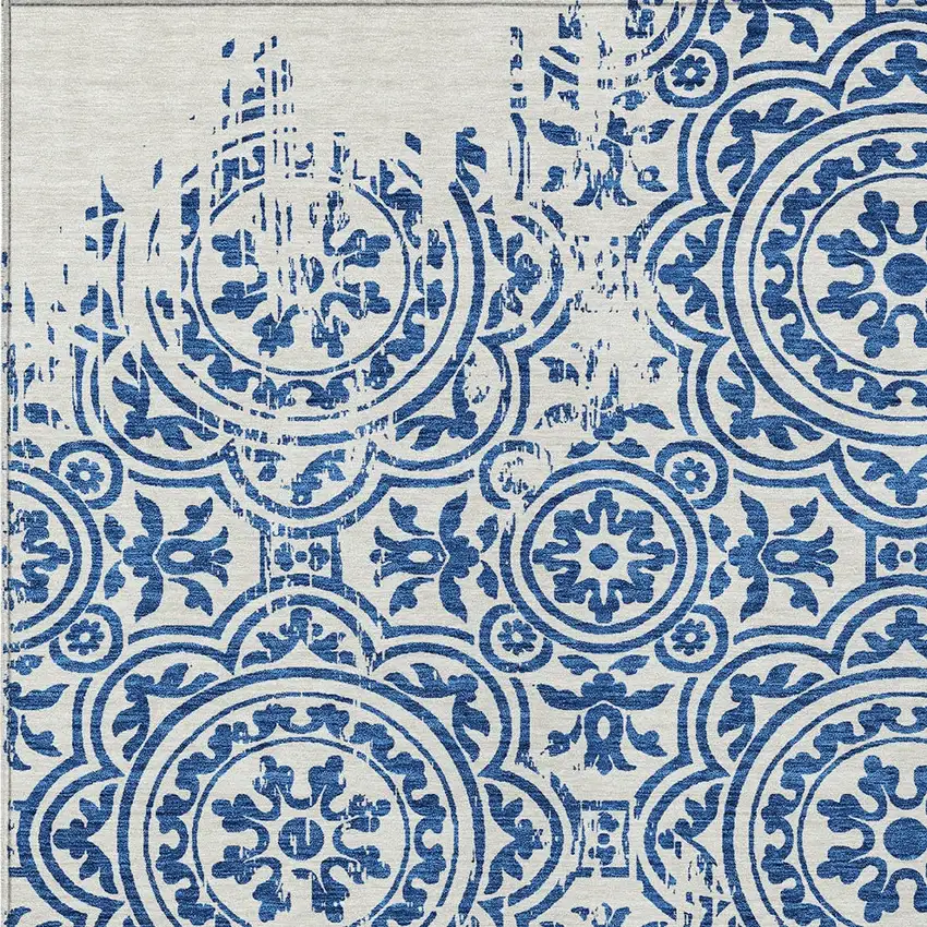 Navy Blue And Ivory Medallion Washable Indoor Outdoor Area Rug Photo 4