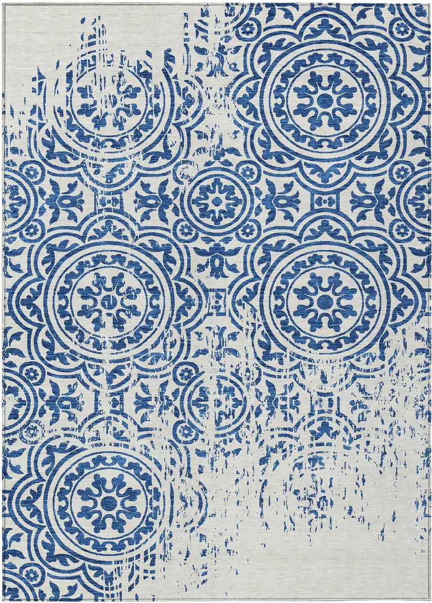 Navy Blue And Ivory Medallion Washable Indoor Outdoor Area Rug Photo 1