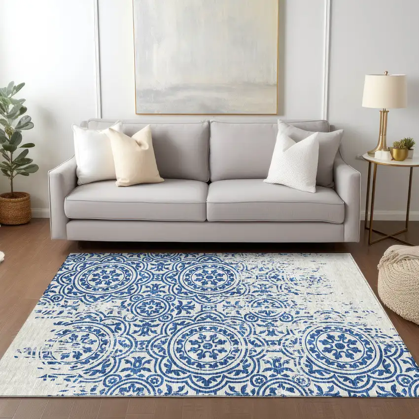 Navy Blue And Ivory Medallion Washable Indoor Outdoor Area Rug Photo 8
