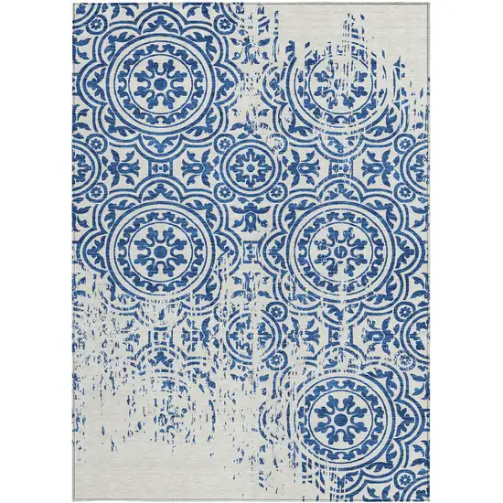 Navy Blue And Ivory Medallion Washable Indoor Outdoor Area Rug Photo 4