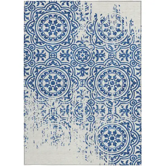 Navy Blue And Ivory Medallion Washable Indoor Outdoor Area Rug Photo 4