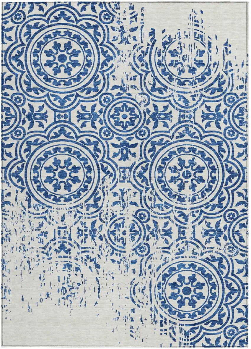 Navy Blue And Ivory Medallion Washable Indoor Outdoor Area Rug Photo 4