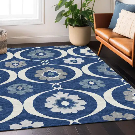 Navy Blue And Ivory Medallion Washable Indoor Outdoor Area Rug Photo 9