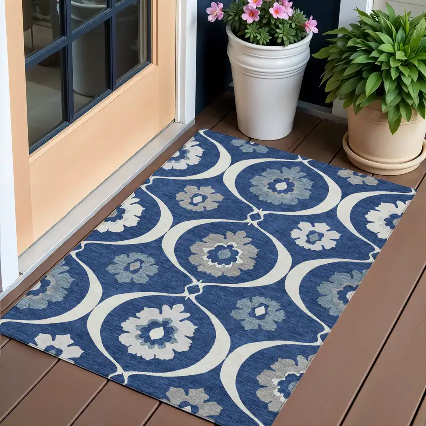 Navy Blue And Ivory Medallion Washable Indoor Outdoor Area Rug Photo 1