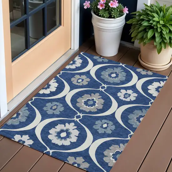 Navy Blue And Ivory Medallion Washable Indoor Outdoor Area Rug Photo 1