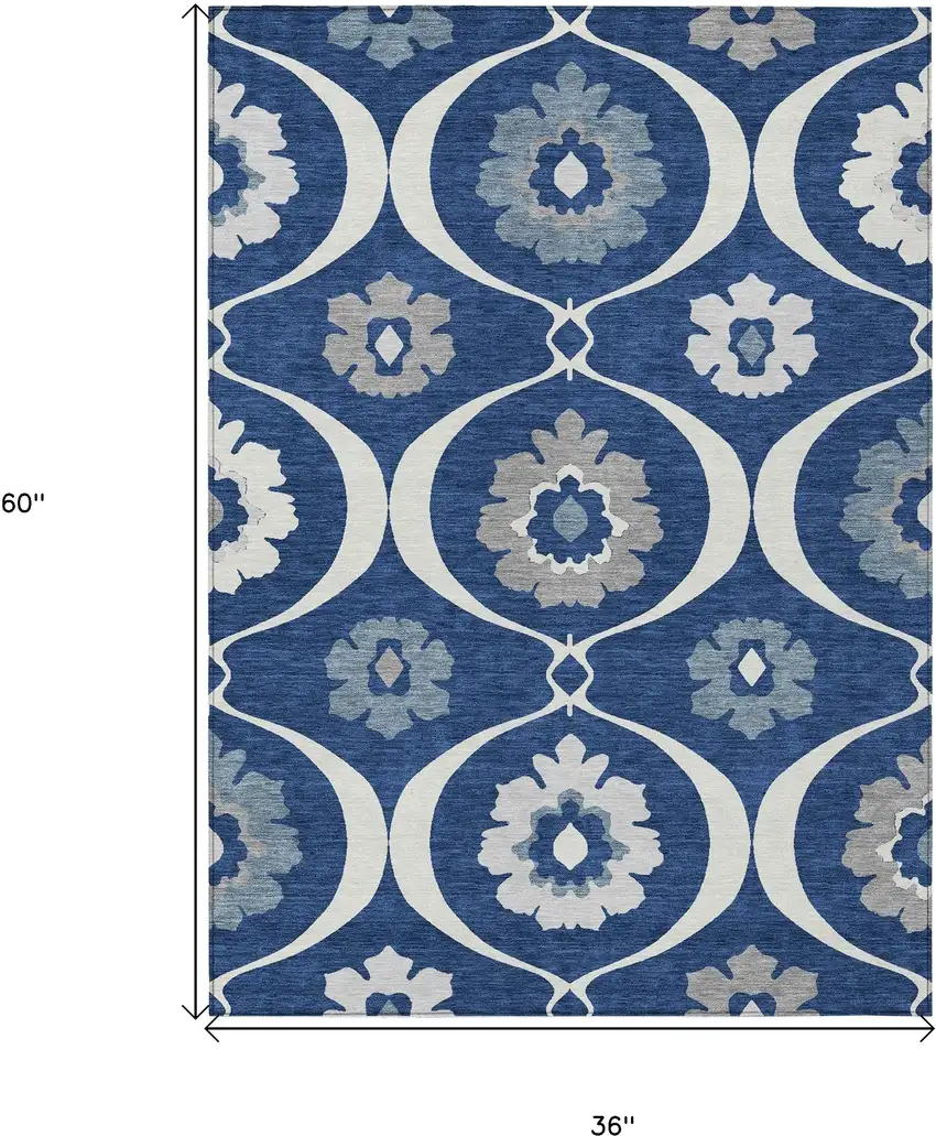 Navy Blue And Ivory Medallion Washable Indoor Outdoor Area Rug Photo 3