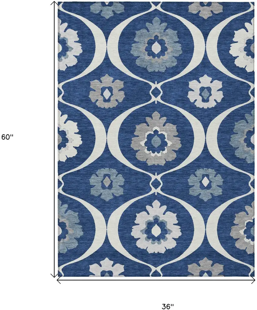Navy Blue And Ivory Medallion Washable Indoor Outdoor Area Rug Photo 3