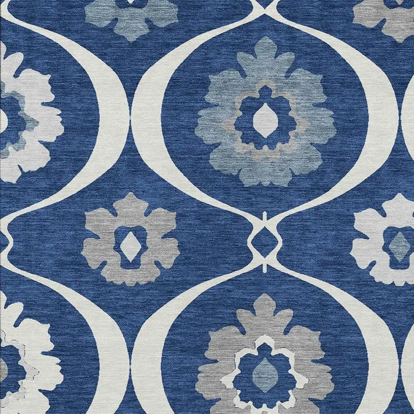 Navy Blue And Ivory Medallion Washable Indoor Outdoor Area Rug Photo 6