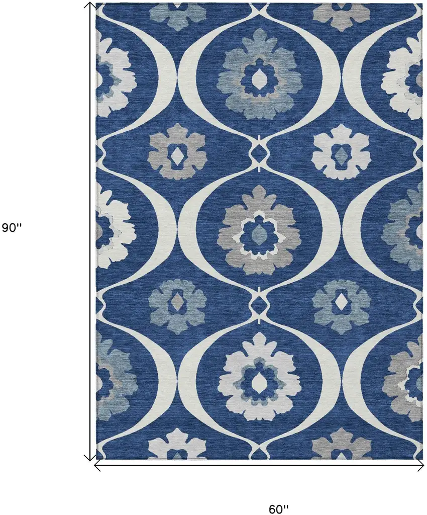 Navy Blue And Ivory Medallion Washable Indoor Outdoor Area Rug Photo 3