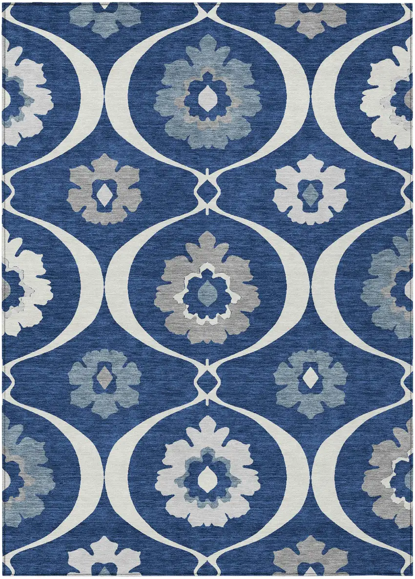 Navy Blue And Ivory Medallion Washable Indoor Outdoor Area Rug Photo 2