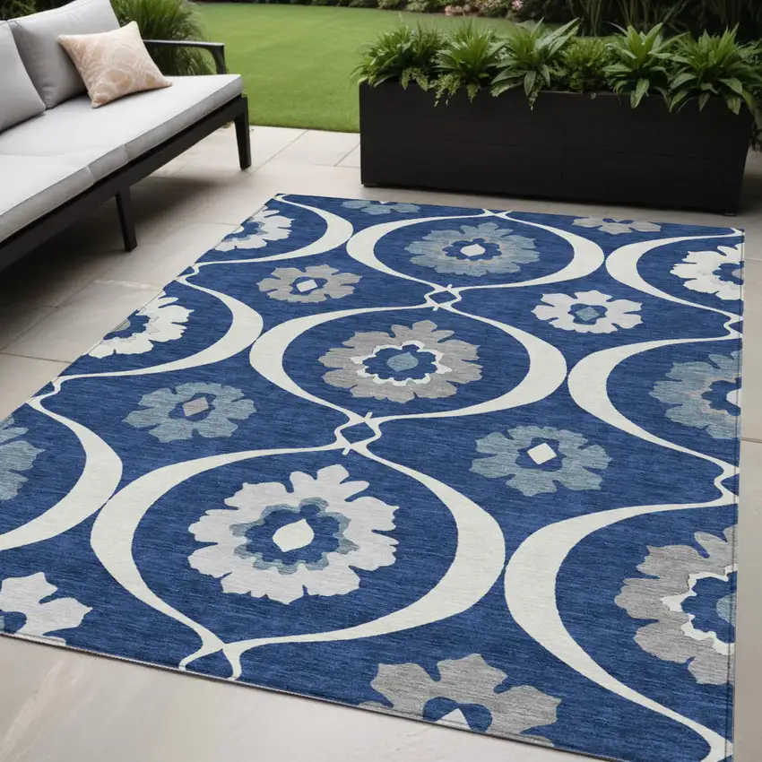 Navy Blue And Ivory Medallion Washable Indoor Outdoor Area Rug Photo 1