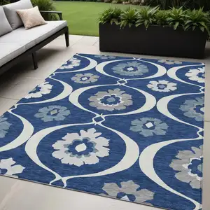 Photo of Navy Blue And Ivory Medallion Washable Indoor Outdoor Area Rug