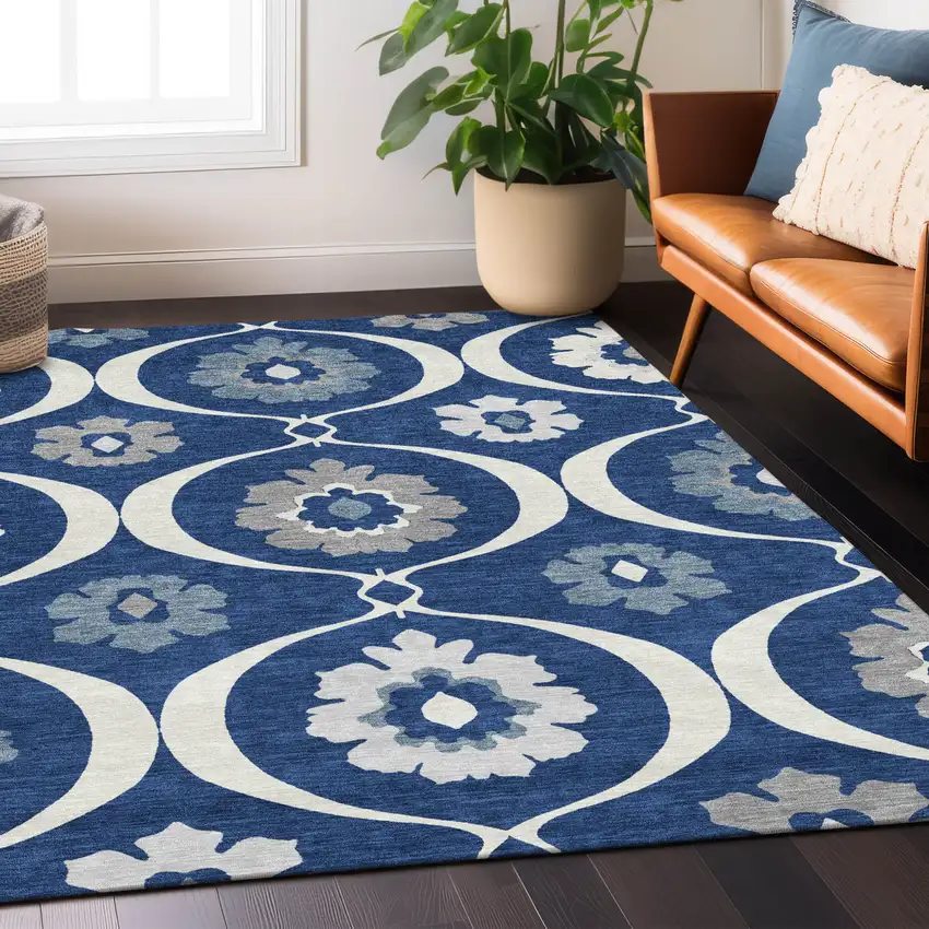 Navy Blue And Ivory Medallion Washable Indoor Outdoor Area Rug Photo 9