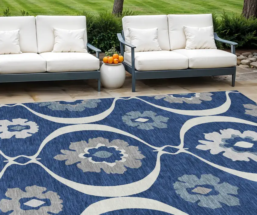 Navy Blue And Ivory Medallion Washable Indoor Outdoor Area Rug Photo 1