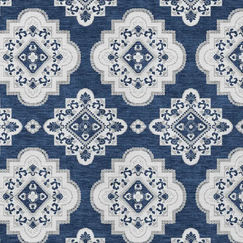 Navy Blue And Ivory Medallion Washable Indoor Outdoor Area Rug Photo 5
