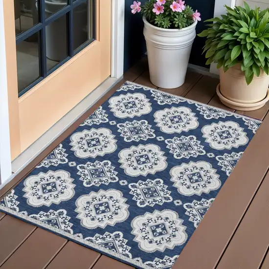 Navy Blue And Ivory Medallion Washable Indoor Outdoor Area Rug Photo 1