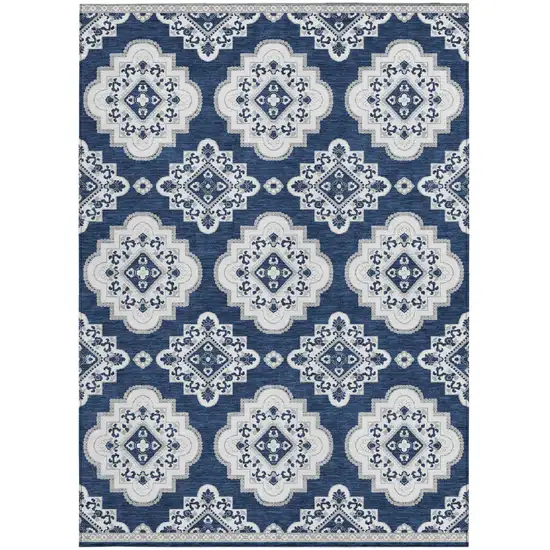 Navy Blue And Ivory Medallion Washable Indoor Outdoor Area Rug Photo 6