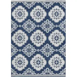 Photo of Navy Blue And Ivory Medallion Washable Indoor Outdoor Area Rug